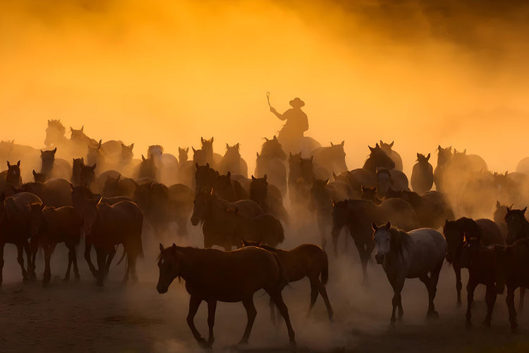 Horses driven through golden dust